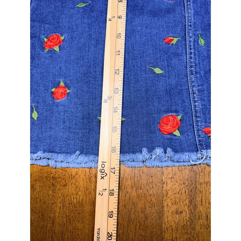 Hydraulic Denim Skirt Women 12 Blue Excellent Rose Embroidered Raw Hem Mini